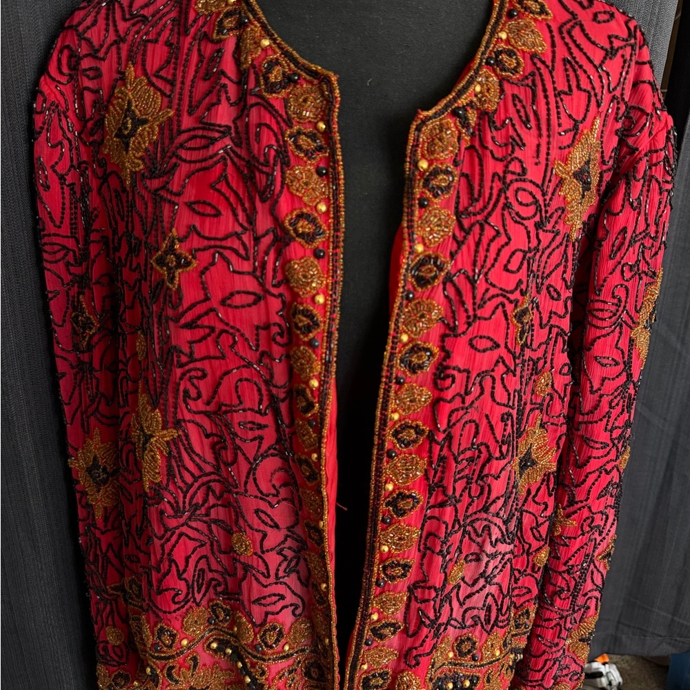 Papell Boutique Beaded Red and Gold Embellished Jacket